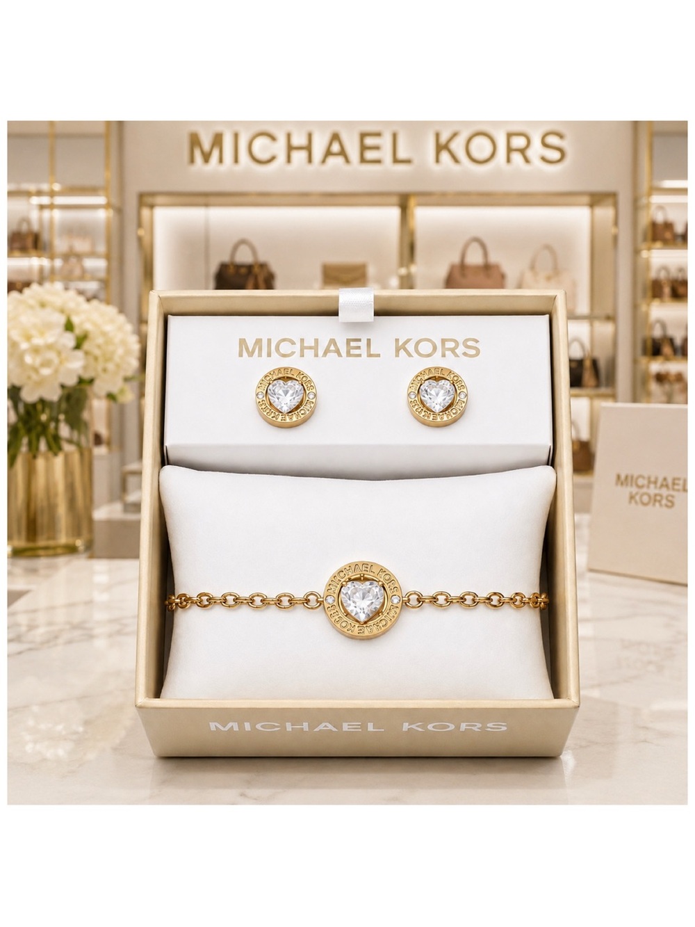 Michael Kors Pavé Logo Heart Crystal Bracelet and Earrings Boxed Set.  NEW!